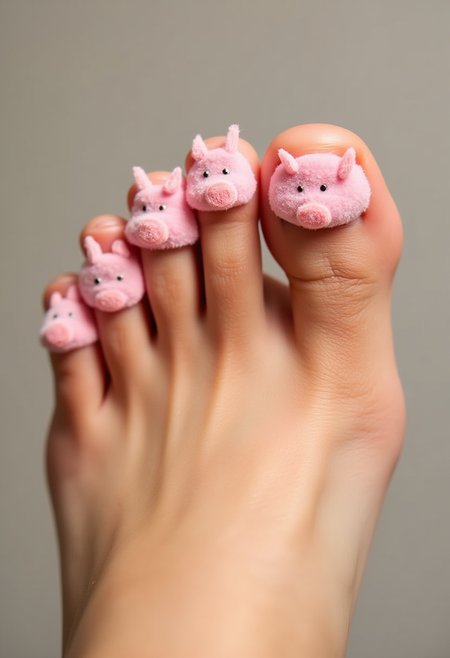 a woman's point of view showing a foot with pink toe spacers between her delicate toes. each toe is a little piglet hat with ears. the first little piggy went to market, the second little piggy stayed home, the third little piggy had roast beef, the fourth little piggy had none, the last little piggy cried wee wee wee all the way home <lora:Dever_Flux_Enhancer:0.5>