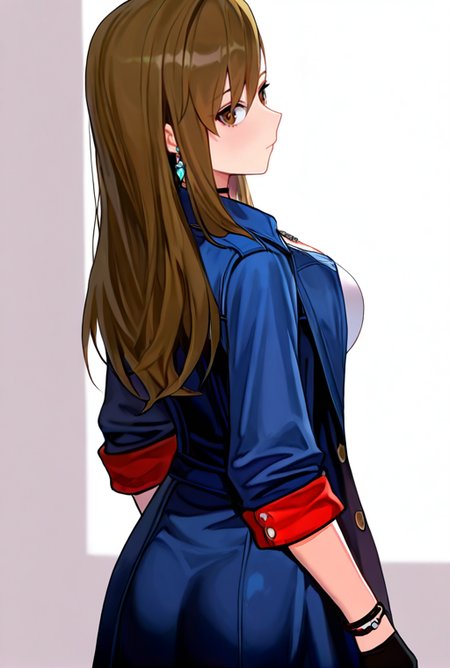 masterpiece, High quality, Ultra detailed, 2d, newest, absurdres, highres, BREAK
1girl, solo, <lora:kim_yujeong:0.8>, kim_yujeong_(closers), long hair, brown hair, brown eyes, earrings, 
medium breasts, yujeongdef, shirt, coat, choker, necklace, jewelry, unbuttoned, sleeves rolled up, bracelet, black gloves, 
from behind,