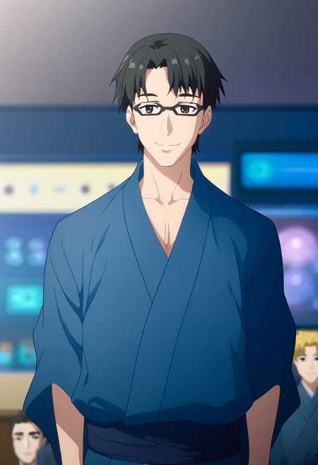 score_9,  <lora:kikuoka_seijirou:1> kikuoka seijirou, 1boy, black eyes, black hair, blonde hair, blurry background, glasses, indoors, japanese clothes, kikuoka seijirou, kimono, male focus, short hair, smile, upper body