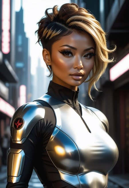 SFW, Masterpiece, intricate details Tila Tequila,Tan skin, golden skin, small, huge boobs,  brown eyes, big eyes, dark brown hair, blonde highlights, ((long bang covering one eye)) ,  Latina woman,  high cheeks bones,  golden skin, tan skin,) , muscular body, RPCC,GBIH, , ((( curly pixie cut hair))), ((very short hair)),  ((sides and back shaved curly on top)), (((dark brown hair))), (((heavy eyeliner))), ((long fake eyelashes)), ((tan skin)), darkskin,  thick lips,((bimbo lips)) , RPCC,GBIH, Atrractive 21 years old woman, clad in intricate futuristic combat tight clothing, Cyberpunk 2077 style, Blade Runner style, dystopic sci-fi, Standing in the middle of a dark futuristic dirty street on the modern sci-fi City, in a defiant pose, utra-realistic Woman body, full body, cyborg hand, Intricately Designed futuristic tight clothing, 8K, ultra-realistic body, defiant and seductive, beautiful Breasts, Cinematic Lighting, sharp focus, digital painting, Photograph Taken on Nikon D750, Alphonse Mucha, 8K, athletic figure, Hyperdetailed, hyperrealism,