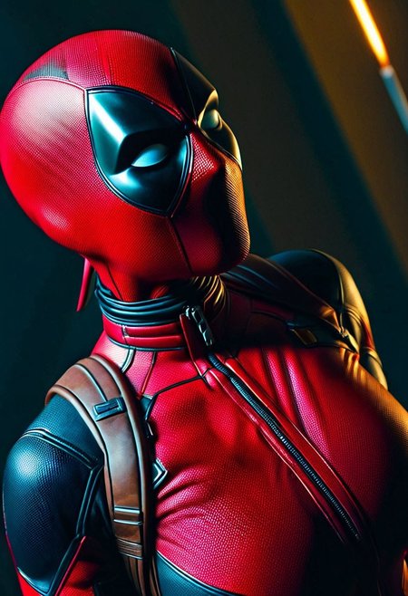 A hyper-realistic depiction of a single woman, focusing on her upper body, dressed in a meticulously detailed Deadpool costume, complete with vibrant red and black hues, accentuated by subtle, dramatic lighting that highlights the texture and folds of the suit, set against a muted, dark background to emphasize the subject's striking appearance, captured from a slightly overhead angle to convey a sense of power and confidence.
