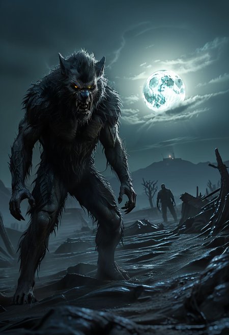 Masterpiece, 32k, photorealistic:1.4,  ((((SFW)))), score_9, score_8_up, score_7_up, Werewolf at night,  Immerse yourself in a desolate post-apocalyptic worl,wandering through the desolated, barren land. Feel the overwhelming sense of loneliness and melancholy as you gaze into the distance. Utilize HDR and ray tracing to enhance the atmospheric lighting and capture the haunting beauty of the backdrop, KodakPhotoMaybe, Fallout, Cyberpunk, vltdr, werewolf, desert