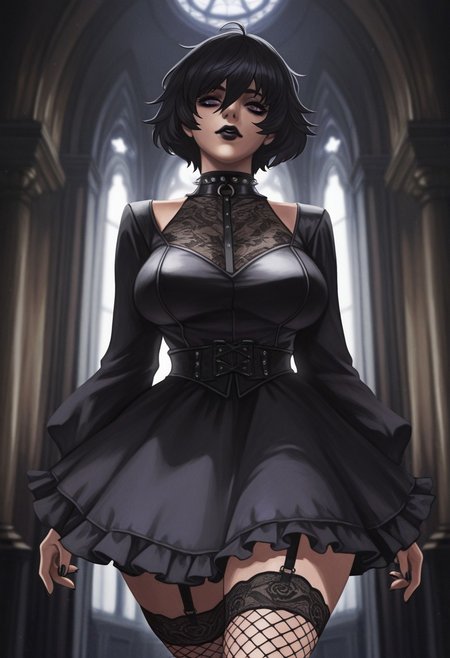 Monori_r, solo, 1girl, large breasts, short hair, messy hair, black hair, hair between eyes, dead eyes, soulless eyes, purple eyes, goth makeup, black lipstick, goth dress, frilled dress, fishnet stockings, cowboy shot, cropped legs, masterpiece, best quality, amazing quality, very aesthetic, high resolution, ultra-detailed, absurdres, newest, very awa, dynamic lighting, photorealistic detail, detailed face, detailed eyes, detailed hair, depth of field, scenery, volumetric lighting