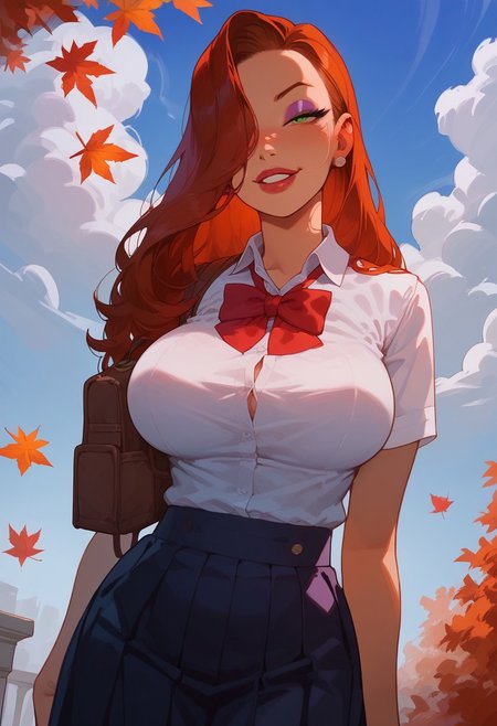 score_9, score_8_up, score_8. score_9, score_8_up, score_7_up, score_6_up, masterpiece, 4k, high quality, (best quality:1.1), ExpressiveH,  dutch angle
1girl, solo, jessica rabbit, red hair, hair over right eye, green eyes, large breasts, school uniform, shirt, skirt, mini backpack, standing, smiling, looking at viewer, mischievous smile
BREAK
school, outdoors, blue sky, white clouds, autumn leaves