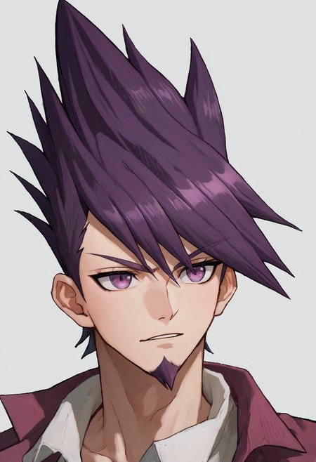 score_9_up score_8_up score_7_up, portrait, simple background
BREAK
score_9_up score_8_up score_7_up, momota kaito, 1boy, facial hair, goatee, spiked hair, purple eyes, purple hair, bangs, short hair, beard
 <lora:danganranpa_v3_pony_d16:1>