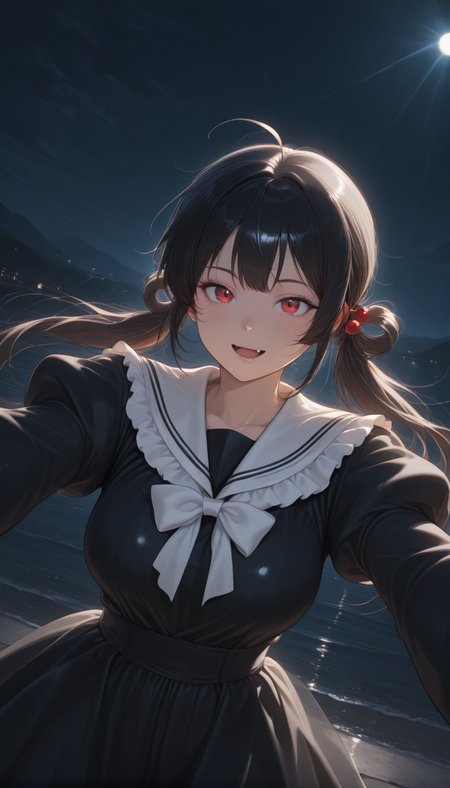 <lora:LCMTurboMix_Euler_A_fix:1> <lora:example_SDXL:0.3>, EZRealPONYXL, <lora:Dramatic Lighting Slider:3>
DSLR,realistic,cosplay photo, (very awa,masterpiece,best quality,year 2024,newest,absurdres,highres:1), realistic,skin texture,facial features, photography shot with Canon EOS 5D Mark IV , realistic, RAW, best quality, masterpiece, amazing quality, skin details,
1girl, highly detailed beautiful face, large natural breasts,
detailed background, shiny skin, dutch angle, night, moonlight,
beautiful detailed eyes, intricate details, absurdres, anime screencap,
 <lora:YoakenoNanashi_Vtuber_kill0825:1>
VTNanashi, long hair, black hair, red eyes, fang, ahoge, sidelocks,
shirt, hair ornament, red eyes, dress, twintails, frills, puffy sleeves, sailor collar, black dress, slit pupils, white sailor collar, hair rings, frilled shirt collar, frilled collar, frilled sailor collar, black shirt, hair bobble, food-themed hair ornament, serafuku, 
Dynamic pose,
