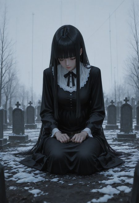wlop, shal.e, guweiz,
masterpiece, best quality, amazing quality, very aesthetic, newest,
1girl, mature female, sitting, funeral dress, mourning, tears, weeping, plump, black hair, very long hair, blunt bangs, graveyard, solemn atmosphere, epic,exaggerated,
limited palette, realistic, photo background,
<lora:r17329_illu:0.4> r17329_illu,
BREAK
cold night, icey rain, Moody lighting,
<lora:vamstyle:0.25> vamstyle,
<lora:re4lity:0.3> re4lity_sync_illu, foreshortening, 
<lora:illustrious_niji_composite:0.25>,