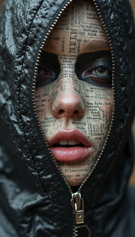A surreal, hyper-detailed illustration of a face with a black, velvety texture, dominated by a partially unzipped, metallic zipper that reveals a face composed of newspaper clippings, with the black background providing a stark contrast to the lighter, more uneven texture of the paper, and the zipper's teeth and handle rendered in precise, photorealistic detail, while the newspaper face inside features bold, expressive makeup that draws attention to the eyes and lips, crafted from fragments of text that seem to shift and blend together in a collage effect, with the fine lines and creases of the paper adding a sense of depth and realism, and the image as a whole conveying a sense of mystery and intrigue, as if the subject is concealing a hidden truth, with a cinematic, low-angle shot and dramatic, high-contrast lighting that emphasizes the subject's air of enigma, and a subtle, film-like grain that adds to the overall sense of texture and realism.