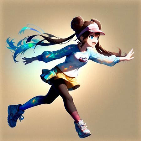 1girl, solo, ral-opal, double exposure, rosa pokemon, brown hair, blue eyes, long hair, hair bun, double bun, twintails, bangs, sidelocks, visor cap, white shirt, light blue raglan sleeves, long sleeves, sleeves past elbows, yellow shorts, black pantyhose, pink socks, white sneakers, smile, open mouth, floating hair, gradient hair