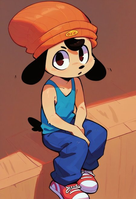 , Score_9, score_8_up, score_7_up, 
 Trappa, orange beanie, beige fur, furry, blue tank top, black ears baggy blue pants Red Sneakers