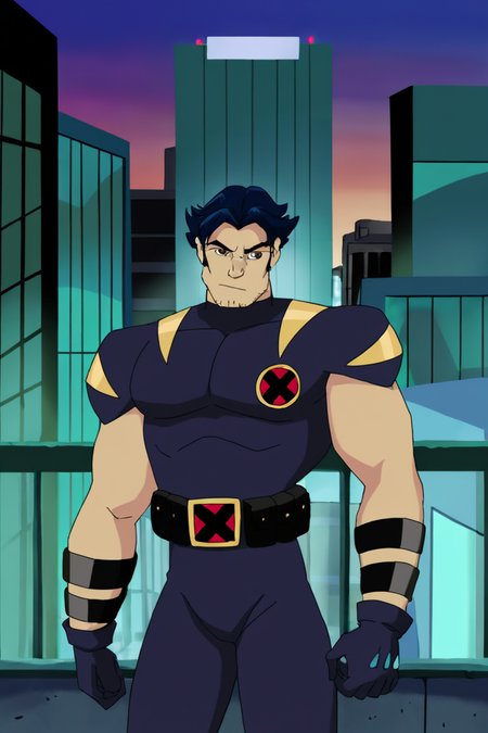 masterpiece, best quality, highres, newest, logan, xevosuit, 1boy, solo, male focus, mature male, short hair, dark blue hair, brown eyes, thick eyebrows, facial hair, stubble, sideburns, bodysuit, dark blue bodysuit, short sleeves, dark blue gloves, black belt, muscular, looking at viewer, standing, cowboy shot, outdoors, city, building <lora:Wolverine (Logan) X-Men Evolution (Second Suit) v1.1 [LoRA] - NoobAI-XL EPS 1.0:0.8>