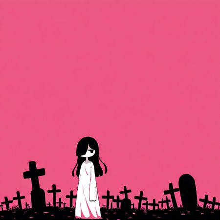 best quality, very aesthetic, absurdres, (limited palette, jaggy lines:1.2), (negative space:1.4), ([pink|blue]:1.2) theme
1girl, solo, (yamamura sadako:1.2), standing, black hair,long hair, straight hair, hair over one eye,black eyes, gray skin, expressionless, (jitome:1.2), white spooky dress, simple dress, skinny, long sleeves, standing, head tilt, (double_v:1.2)
,<lora:Margin:1>,graveyard background,tombstone