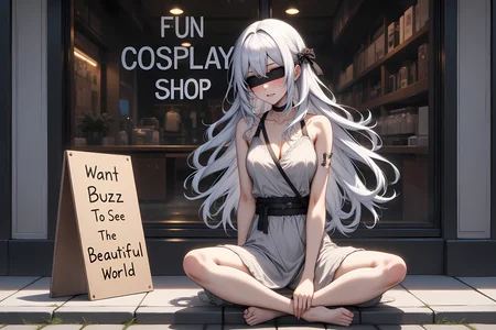 A girl with long white hair flowing, her hair looks messy not combed, her clothes are tattered like slave clothes. A black cloth tied to close his eyes. Sitting cross-legged on the side of the road in front of a building, The building is a clothing shop and has large glass, ((on the glass it says "FUN COSPLAY SHOP")), the text is arial to easy read. ((A paper coated board standing next to the girl has the words "Want Buzz To See The Beautiful World")), Board is directed to the windows viewer