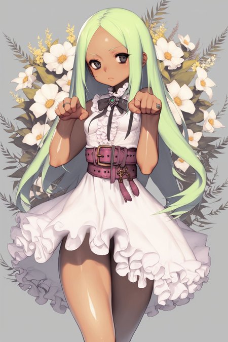 score_9, score_8_up, score_7_up, 1girl, paw pose, looking away, :3, green hair, hair_intakes, low-tied_long_hair, black eyes, small breasts, dark skin, fur-trimmed_dress, sheer, lace, frills, belt, ribbon, ring, Dahlia \(flower\), floral background, arm_hehind_head,  sunbeam <lora:destiny_c_PonyXL_style_v02.07.01.10.05:1>