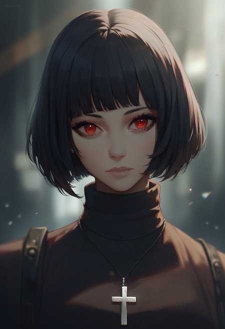 score_9, score_8_up, score_7_up, SLVTK, 1girl, solo, short hair, black hair, jewelry, looking at viewer, necklace, cross, portrait, bangs, red eyes, closed mouth, turtleneck, blurry background, cross necklace, lips, piercing, blurry, bob cut, eyelashes
