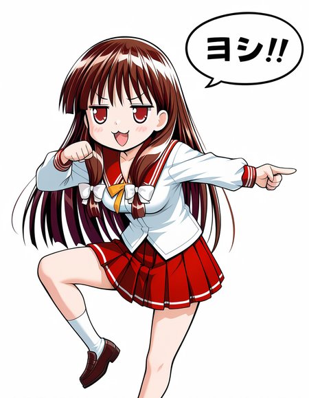 masterpiece, best quality, amazing quality, very aesthetic, high definition, absurdres, official art, ultra detailed, 
1girl solo, ouse_yumiko, long hair, brown hair, red eyes, tress ribbon, medium breasts BREAK school uniform, serafuku, red sailor collar, pleated skirt, 
smile, jitome, stylish pose, genba_neko,chibi,pointing,standing on one leg,:3,open mouth,meme,parody, speech bubble, simple background, white background <lora:genba_neko_like_v2:1> <lora:ouse yumiko v1.0-000018:1>