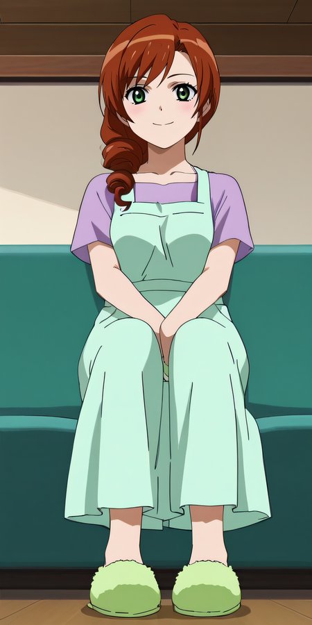 score_9, score_8_up, score_7_up, source_anime, rating_safe, intricate details, anime screencap, official style, anime coloring, solo, 1girl, <lora:Sarah_Damon:1>, sarah, cherry auburn hair, green eyes, drill hair, hair over shoulder, lavender shirt, white skirt, mint apron, collarbone, long skirt, green slippers, looking at viewer, smile, indoor, sitting on couch, from below, hands on knees