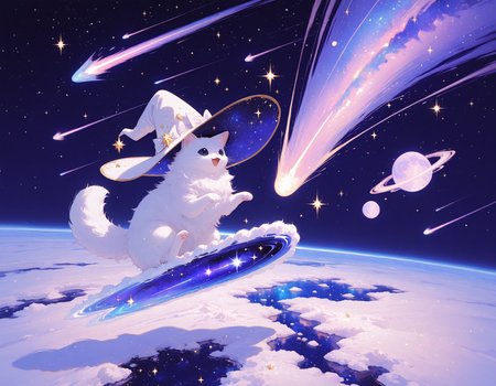 masterpiece, best quality, amazing quality, very aesthetic, absurdres,no humans, momosp, galaxy,perspective, motion blur, smear frame
, white cat snowboarding on ice on top of a galaxy, huge black eyes, pleading eyes, wearing magical witch hat,  seeing stars, open mouth, fluffy, happy
, meteor swarm, comet, starry space, light particles, sparkles, space
,  <lora:MomoSweetSpaceILL:1> <lora:Detailer_NoobAI_Incrs_v1:0.5>
