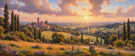 masterful impressionistic oil painting on canvas, golden hour, crepuscular rays, a breathtaking tuscan countryside bathed in the golden light of late afternoon, rolling hills stretching into the horizon, their gentle slopes covered in a patchwork of lush vineyards, olive groves, and golden wheat fields, winding hedges and dirt paths weaving through the landscape, rustic farmhouses with terracotta roofs nestled among rows of tall, slender cypress trees, the sky is a radiant blend of warm amber, soft pink, and deepening lavender, with delicate wisps of clouds drifting lazily, the golden hour sun casts long, dramatic shadows across the land, illuminating the contours of the hills and accentuating the textures of the vineyards and olive trees, in the foreground, wildflowers in shades of crimson, violet, and soft white bloom along a weathered wooden fence, a small stone well sits nearby, its surface worn smooth by time, adding a touch of pastoral charm, a narrow road winds up to a hilltop village in the distance, the silhouettes of old bell towers and church spires standing against the glowing sky, faint details of distant mountains visible on the horizon, their peaks softened by a warm haze, wide-angle panoramic composition, slightly elevated perspective, allowing the viewer to take in the full expanse of the tuscan landscape, soft, diffused lighting, golden sunlight filtering through the trees, dappling the ground with shifting patterns of light and shadow, warm highlights on the rooftops and grapevines creating a luminous, inviting atmosphere, painted with expressive, fluid brushstrokes, thick impasto adding depth to the clouds and textured foliage, rich, warm color palette capturing the timeless beauty of tuscany, impressionistic style, oil on canvas, volumetric lighting, dramatic clouds, golden ratio, ovg, arsmjstyle, impressionism, aidmaimageupgrader, <lora:style-impressionism-flux-by_arsmachina:0.84> <lora:style-amazing_scenery-v3-flux-by_marielle:0.56> <lora:image_upgrader-v0.3-flux-by_aidma:0.44>