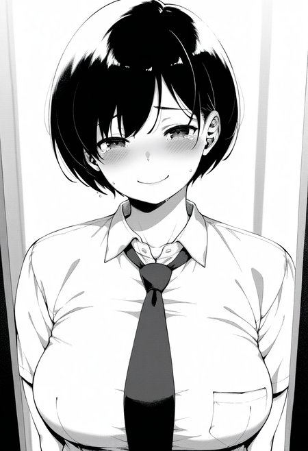 masterpiece, best quality, amazing quality, 1girl, solo, satomiww, short hair, bangs, large breasts, soft body, chubby, greyscale, monochrome, upper body, school uniform, collared shirt, necktie, looking at viewer, smile, blush, tears, closed mouth, skindentation, detailed clothing folds, depth of field, sharp, high contrast, dynamic light <lora:Satomi_Tsukimiya_Tsuki_ga_Noboru_ill:1>
