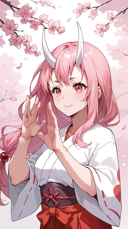 score_9,score_8_up,score_7_up,score_6_up, source_anime, girl, dynamic pose, bunny pose, <lora:Crestyle_epoch_9:0.7>, crestyle, artstyle,  <lora:Shuna - Pony:0.7> low-tied long hair, pink hair, white oni horns, pink eyes, miko, red hakama, sakura, cherry blossoms, falling petals, upper body, portrait,