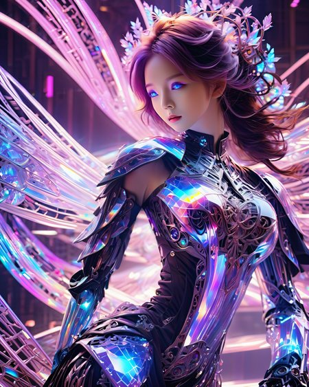 high quality exquisite wallpaper,<lora:xl-holographic-å¨æ¯V20:0.8>,(holographic:1.7),holographic metal,holographic fabric,1girl,wearing white Hanfu andblack mecha,The girl was surrounded by magic arrays,solo,mecha musume,blue_eyes,standing,cinematic lighting,strong contrast,1 beautiful young chinese woman,mature and exquisitefacial features,sharp eyes,photon force field,purple and blue glowing neon lights,wide_shot,robot girl,magic array,magic circle,roman numeral,blue theme,intricate glowing lace,(Multiple magic arrays:1.5),1 girl figure is slender medium breasts clothes show cleavage,white hair,Magic Array Control Recommendation: Tguilvas Salen Debi Maggichi Ares,Martipur Maggichi Ares,Tegil Issalon Debi Maggichilins,