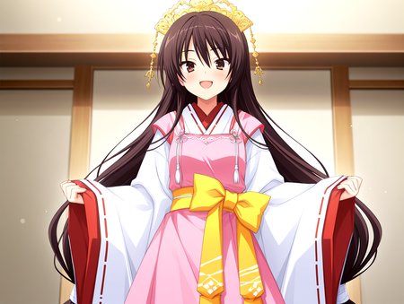 masterpiece,best quality,newest,absurdres,highres,detailed eyes,beautiful,detailed background,solo,perfect eyes,anime coloring,anime screencap,
nsfw,explicit,<lora:add-detail-xl:1>,<lora:ponyv4_noob1_2_adamW-000017:0.8>,wear clothes,
1girl,
looking at viewer,
doyagao,strong smile,open mouth,blush,wind lift,
<lora:il-unohana-sakuya-KAMI:0.8>,il-unohana-sakuya,1girl,ukami outfit,solo,brown eyes,very long hair,wearing a pure white furisode kimono with long flowing sleeves and a floor-length hem,layered with red and pink fabrics,a  pink upper long apron integrated into the outfit,shrine maiden ceremonial outfit,golden headdress,yellow bow on waist,elegant white gown with a trailing hem,a ceremonial deep red pleated inner garment trailing beneath the outer white kimono,