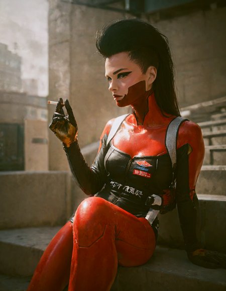 score_10,score_9,score_8_up,score_7_up, 1girl, black hair, dangerous, ponytail, white eyes, red outfit, <lora:cyberpunk_tiger_claws_woman:0.75>, Cyberpunk woman in futuristic red and black bodysuit, sitting casually on ledge at night. Long black hair in high ponytail with shaved sides. Striking makeup with sharp eyeliner and red face paint. Robotic arms and legs visible. Holding lit cigarette in raised hand. Urban nighttime background with neon lights. Confident pose, looking to the side. Sleek, high-tech aesthetic with a mix of shiny and matte textures on the suit. Strong contrast lighting emphasizing red outfit against dark surroundings.