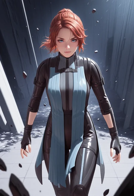masterpiece, best quality, amazing quality,j3ss3, <lora:jesseFaden_illustrious_byJaneB:1>, 1girl, solo, 
asynchronoussuit, black gloves, floating debris, protecting,