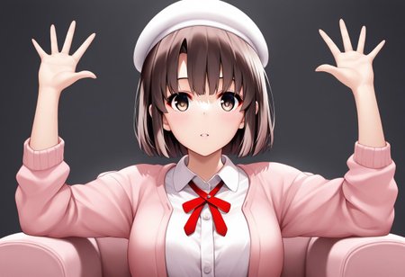 1girl, katou megumi, saenai heroine no sodatekata, brown eyes, brown hair, short hair, expression less,
pink cardigan, white blouse, thin red bow tie, white beret, absolute cinema pose, sitting, dark background, black background , simple background, 
<lora:absolute-cinema-illustriousxl-lora-nochekaiser:1>, absolute cinema, solo, sitting, looking at viewer, grey background, hands up,
masterpiece, best quality, amazing quality