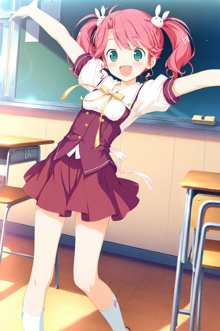 masterpiece,best quality,good quality,rating safe,memorialimouto,kogasaka chinami, 1girl, solo,pink hair, rabbit hair ornament, twintails, hair ornament, green eyes, school uniform,yellow hairclip, short hair,skirt,white socks,game cg,blush,standng,happy,(^O^)／