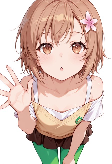Smooth Quality,masterpiece,very intricate, high quality details, ultra realistic, high detailed skin,detailed enviorement,absurdres,
waving,
 <lora:Yukimura_Kusunoki_CNR:0.8> yukimuria_cnr, 1girl, brown hair, short hair, brown eyes,hair flower,, simple background, white background, front view,solo,, diamond mouth,, off-shoulder shirt,sweater vest ,ruffled skirt, ,green pantyhose,