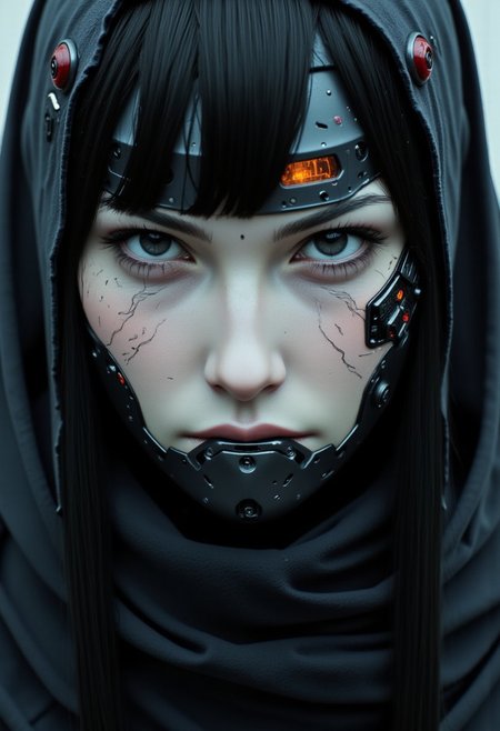 photoid, cpstyle, dystujo, The close-up reveals the terrifying face of a cyborg ninja, an intricate fusion of organic beauty and cold, mechanical perfection. Her face is framed by a sleek, polished helmet that partially covers her features, leaving only the lower half exposed. The exposed skin on her face is pale, almost ghostly, a stark contrast to the sophisticated mechanical enhancements that have replaced much of her body. Her left cheek and jawline are adorned with sharp, angular plates, seamlessly molded to her skin, their surface gleaming with a dark metallic sheen. Intricate circuit patterns snake down her neck, glowing faintly with pulses of electric energy that flicker like veins of lightning beneath the surface. The right side of her face is a chilling display of cybernetic mastery, where human flesh gives way to gleaming, polished steel and chrome. Her eye is encased in a dark, reflective visor, surrounded by a framework of sleek, geometric metal. The visor occasionally flickers with a deep amber glow, a direct connection to her augmented senses. The edges of the metal frame are adorned with fine micro-gears and minute, complex mechanisms that hum with energy, a silent reminder of the technological power running through her body.
