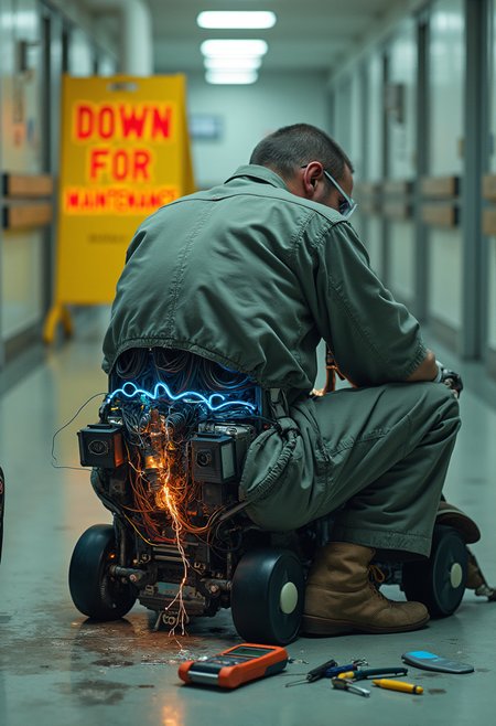 he Janitor Bot 3000's back is towards the view, covers removed from its buttocks, rear end exposed, revealing a complex network of copper wires and fiber-optic cables that pulse with a soft blue glow. The buttocks show arcs of electricity and a thin trail of black smoke.  The repairman, dressed in a worn jumpsuit and safety goggles, is carefully probing the exposed circuitry with a multimeter, trying to diagnose the failure without getting shocked. A small tool bag lies nearby, with various diagnostic tools and spare parts spilling out.  In the background, a yellow janitorial boardwalk sign, originally meant to caution against wet floors, now displays the ominous text 'DOWN FOR MAINTENANCE' in bold red letters, a stark contrast to the usual mundane warnings.<lora:other/flux_realism_lora>