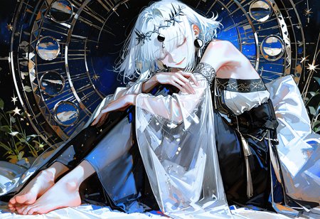 masterpiece, best quality, very aesthetic, absurdres, traditional media, thick painting, dark theme, night, (au \(d elete\):1.2), 96yottea,  1girl asymmetrical_sleeves bare_shoulders barefoot castle circlet, half-closed eyes, closed_mouth cloud crescent detached_sleeves dress earrings expressionless feet full_body fur_scarf jewelry lace_sleeves long_dress long_sleeves medium_hair mismatched_sleeves moon_phases night night_sky picture_frame scarf see-through_clothes see-through_shawl shawl sitting sky solo star_(sky) star_(symbol) starry_sky strapless strapless_dress tassel tassel_earrings toes tree watermark weibo_watermark white_dress white_hair white_scarf white_shawl white_sleeves, smile, crying, tear, two-tone background  <lora:illustrious_noobai_epsilon_pred_1_best_quality_v1:0.7><lora:illustrious_noobai_epsilon_pred_1_masterpieces_v1:0.7> <lora:ponyv4_noob1_2_adamW-000017:0.6><lora:96YOTTEA-WAI:0.65><lora:0d28507d-6abc-443d-9c00-5f399ab8c7eb.TA_trained:0.5>