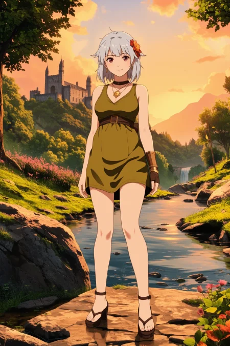 Tristanian spiky hair silver hair (young woman), (druid:1.2), anime, illustration, (extremely detailed), (portrait), (standing:1.2), (happy smile), flower in hair, glossy lipstick, celtic necklace, cuff earrings, loincloth, (sandals),  Corn Green (druid short dress), (legs), heels, (sharp focus),  fantasy, (beautiful celtic landscape:0.9), (small rock:0.9), (moss:0.4), (ripples, reflections:0.8), celtic  castle, (small river small pond:0.5), druid forest, (druid village:1.2), (stunning nature environment:0.8), (enchanted land:0.5), clovers, (Eye Brown flowers:0.9), leaves,bright (sunny sky), (sunset:0.3), best quality, colorful, wet floor, raytracing, hdr, high contrast, ethereal natural lights, backlight, (lens flare:0.4), shadows, (vibrant colors, colorful):0.6, pretty, beautiful, happy, smiling, feminine, sexy, lovely, in love, adorable, fashion,  <lora:Hand v2:1> <lora:Anti-Blur:1> <lora:RetroAnimeFluxV1:0.4> <lora:Luminous_Shadowscape:0.4>  <lora:SujatmikoArafuru_Flux:0.2> Suzume style