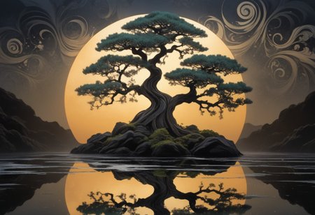 style of Ukiyo-e, 
paint stains, paint splatters, paint runs, paint spots, faded paint, dramatic bonsai tree, plant on black reflective surface, sunrise, detailed, amazing natural lighting, monochromatic tone, weeping for the lost children, (protected by the swirly wispy translucent spirits of the ancestors:1.5), asymmetrical fractal pattern, linquivera