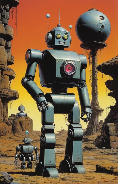 masterpiece,best quality,<lora:tbh235-sdxl:0.5>,illustration,style of Richard Corben, portrait of Housework robots