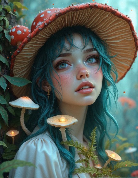 A stunning close-up portrait of a mystical fungal nymph, her violet-hued eyes wide with childlike wonder, glowing softly against her pale, radiant skin dusted with a subtle constellation of freckles. Her silky teal-blue hair, naturally tousled, flows gently around her shoulders, each strand capturing the iridescent glow of the enchanted forest that surrounds her. She dons a massive toadstool hat, the cap’s red-and-white-spotted surface slightly weathered and organic, with soft gills visible beneath, adding a naturalistic texture. Tiny bioluminescent spores float around her, illuminating the soft ferns and delicate white mushrooms blooming at her neckline, their stems bending toward her presence as if drawn to her energy. Her flowing white blouse is woven from ethereal, gossamer fabric that catches the ambient forest light, blending seamlessly into the misty, pastel-toned backdrop filled with tiny glowing motes of magic. The composition radiates a fairy-tale aesthetic, with soft painterly rendering, ultra-detailed textures, and a harmonious blend of soft fantasy lighting and realistic character rendering, evoking the essence of a dreamy, otherworldly spirit.
 <lora:FluxDFaeTasticDetails:0.3> <lora:MoriiMee_Gothic_Niji_Style_FLUX:0.4> <lora:realism_lora_comfy_flux_converted:0.7000000000000001>