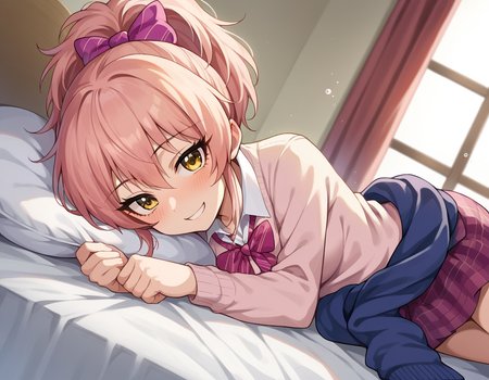 score_9, score_8_up, score_7_up, source_anime,
mikajougasaki, <lora:mika-jougasaki-ponyxl-lora-nochekaiser:1>
mika jougasaki, hair bow, long hair, pink hair, yellow eyes, ponytail, smile,
bow, clothes around waist, plaid, plaid skirt, school uniform, skirt, sweater, sweater around waist,
indoors, bed, bed room, on side, blush, drunk,
looking at viewer, dutch angle, cowboy shot,