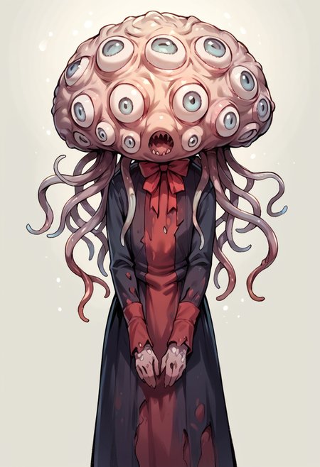 masterpiece, best quality, source_anime, uncensored, score_9, score_8_up, score_7_up, score_6_up, score_5_up, score_4_up, 1girl, solo, winterlantern, eldritch horror, eldritch abomination, monster, extra eyes, multi eye, tentacles, tendrils, red dress, long sleeves, <lora:winterlantern:0.85> <lora:add-detail-xl:0.6> <lora:cfg_scale_boost:0.5> <lora:Expressive_H:0.6>