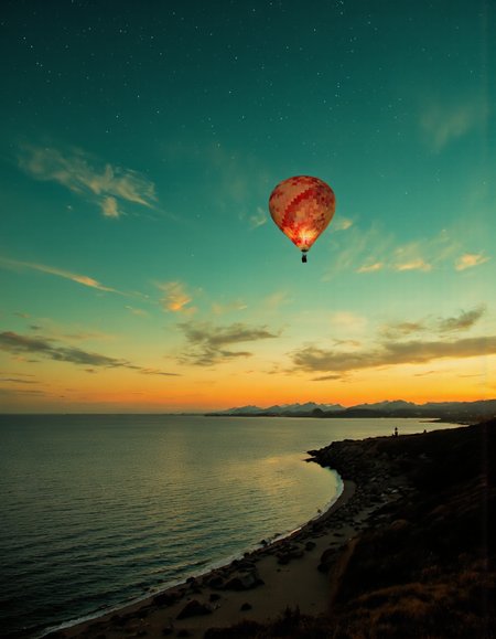 By Ibai Acevedo. A photograph taken from a distance camera angle about a hot air balloon flying over the ocean during sunset. the image also shows a serene landscape with calm water, distant mountains, and a distant lighthouse. on the left side of the image, a single, red and white checkered balloon is flying low over the water. the balloon is in the foreground, with the water stretching out in front of it. the sky is filled with stars, and the colors of the sky are a mix of teal, orange, and yellow hues, creating a beautiful contrast with the calm water. in the background, a distant mountain range is visible, adding to the serene atmosphere of the scene.