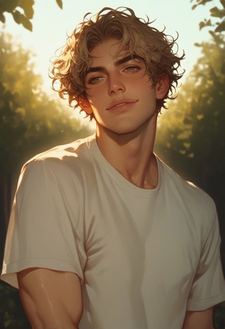 score_9, score_8_up, score_7_up, 1boy, man, adult, tan skin, olive skin, blonde hair, hazel eyes, short hair, messy hair, solo, face focus, PRSNL4 Style, very aesthetic, digital drawing, soft light, detailed background, outdoors, college campus, looking to the side, handsome, t-shirt, athletic build, stubble, light body hair, jock, confident smile, smirk, sinfully stylish, dramatic lighting, long shadows, Semi-realism, morimee_style