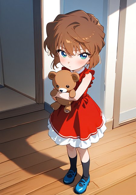 1girl, 
haibara ai, meitantei conan, 
stuffed toy, dress, socks, long sleeves, shoes, brown hair, black socks, red dress, child, green eyes, sleeveless, sleeveless dress, short hair, stuffed animal, full body, solo, indoors, wooden floor, black shirt, standing, holding stuffed toy, holding, blue eyes, looking at viewer, hair between eyes, blue footwear, shirt, closed mouth, teddy bear, blush, white dress, 
masterpiece, newest, absurdres, safe
 <lora:2080ti_ag31_haibara_ai-000011:1> <lora:a31_style_koni:1>