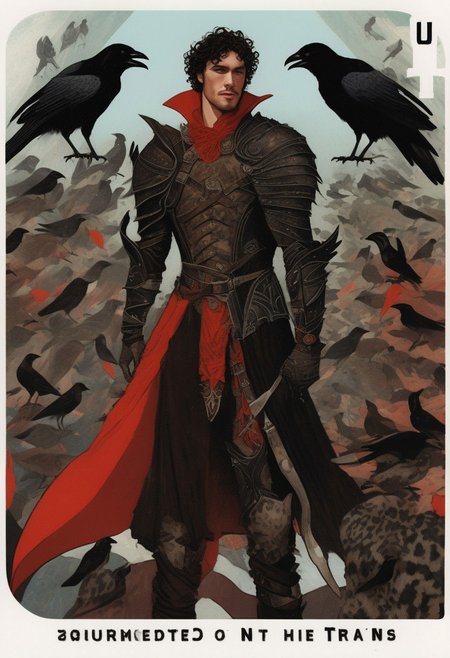 ((surrounded by swarm of ravens)), art by Seb Mckinnon, art déco, bandit, ((20 year old college hunk)), slim waist, curly dark brown hair, ((scimitar in left hand)), ((form fitting ornate leather armor)), red feather cloak, ((bleeding eyes))