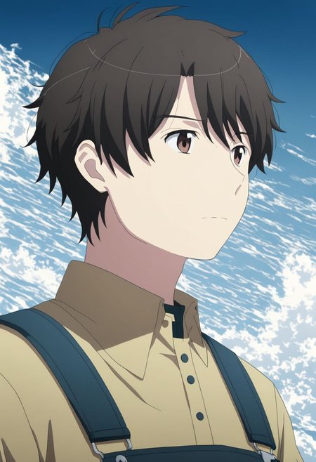 high resolution, solo, best quality, 1Boy, Inaho Kaizuka, Black Hair, Brown Eyes, existential longing, infinite sky, OverallDetail