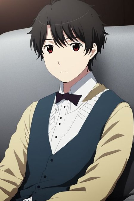 high resolution, solo, best quality, 1Boy, Portrait, Inaho Kaizuka, Black Hair, deep talk, helpless, sit, couch,
