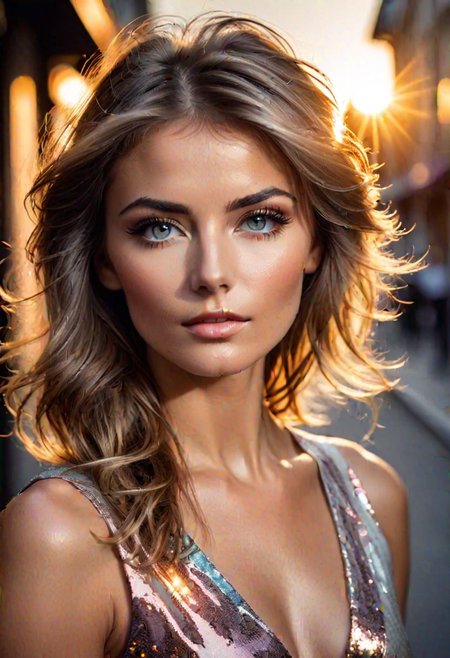 porcellana style, (ultra clear:1.2),( ultra detailed, very detailed :1.3), (photorealistic:1.4),( raw photo:1.1), (best quality, high quality, sharp focus:1.2),  ((Glamour Shot)),european beautiful woman, model face, look at the viewer, street, bokeh, 4k,sleeveless dress, high contrast, dramatic lighting,( sunlight:1.1), dawn, shiny beautiful eyes, MESSY HAIR,( colorful:1.1), volumetric light,