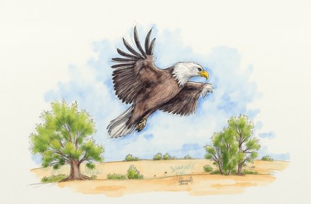 Sharp image of a rough sketch, rendered in vibrant multi colour ballpoint pen, capturing the adorable features of a bald eagle in flight. The eagle is in the center of the image, with its wings spread wide and its head turned towards the right side of the frame. Its feathers are a dark brown color, and its beak is yellow. The background is blurred, but it appears to be a landscape with trees and fields. The sky is cloudy, and the overall mood of the photo is peaceful and serene.  p3nsk, <lora:p3nsk:1>