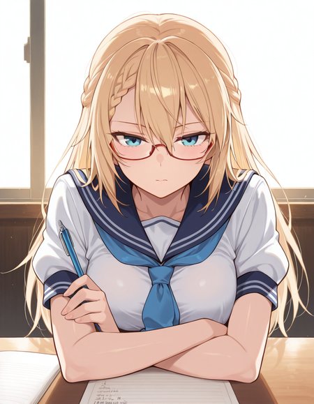 Volumetric Lighting, (masterpiece), (best quality), (ultra-detailed), masterpiece, source_anime, score_9, score_8_up, score_7_up BREAK, illustration, disheveled hair, detailed eyes, perfect composition, moist skin, intricate details, detailed eyes, detailed face, detailed fingers BREAK, G36, 1girl, solo, long hair, breasts, looking at viewer, blue eyes, shirt, blonde hair, holding, hair between eyes, closed mouth, medium breasts, school uniform, white shirt, upper body, braid, short sleeves, glasses, serafuku, sailor collar, neckerchief, crossed arms, semi-rimless eyewear, french braid, tsurime, red-framed eyewear, under-rim eyewear, bespectacled, pen, blue neckerchief, pencil, braided bangs, writing, holding pencil, mechanical pencil, playing, elbows on table
